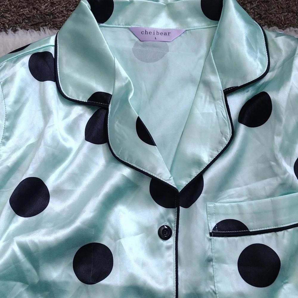Cheibear Polka Dot Satin Pajama Set - Mint Green and Black
